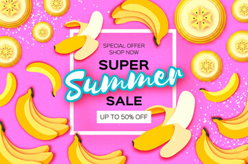 Banana Super Summer Sale Banner in paper cut style on pink background. Yellow fresh fruits. Nature.