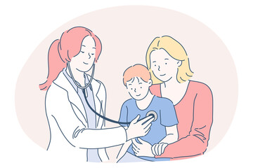 Paediatrician, medicare, health examination concept. Young smiling woman doctor cartoon character examining boy on mothers hands with stethoscope in medical clinic during consultation illustration