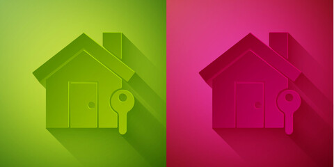 Paper cut House with key icon isolated on green and pink background. The concept of the house turnkey. Paper art style. Vector Illustration.