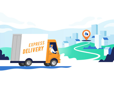 Express delivery services and logistics. Truck with man is carrying parcels on points. Concept online map, tracking, service. Vector illustration.