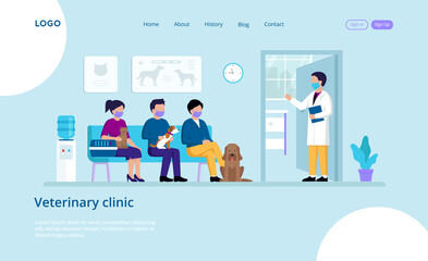 Vector Illustration Of Veterinary Clinic With Inscriptions And Buttons. Website Template Elements. Cartoon Flat Style Characters With Pets Waiting For Doctor Sitting On Couch. Retreat Interior Design