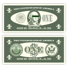 Fototapeta premium Fictitious green US paper money in denominations of one dollar. Pyramid seal. Portrait of the President of Washington with censorship