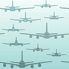 Seamless pattern flying passenger airplanes from different models . Airplane drawings