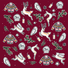 Vector set of New Year and Christmas stickers for the holiday. Sweater, cozy candles and fir branches with winter forest animals