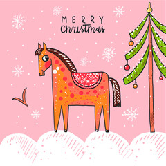 New Year card, poster with New Year elements. Elegant Christmas tree, cute cartoon horse greeting card