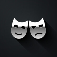 Silver Comedy and tragedy theatrical masks icon isolated on black background. Long shadow style. Vector Illustration.