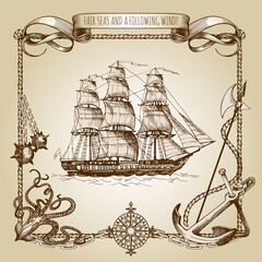 Adventure stories. Pirate background. Vintage border frame. Old caravel, vintage sailboat. Octopus, daggers, anchor, anchor chains © Shalyapina