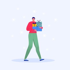 Merry Christmas greeting card template with man walking and carrying present, gift boxes. Xmas winter poster, banner, invitations