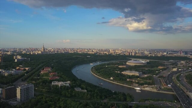 sunny evening moscow famous sparrow hills river aerial flight over panorama 4k russia
