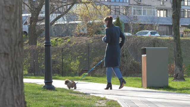 slim lady with ponytail and in medical mask walks with lovely terrier puppy along green park street slow motion. Concept dog street walk