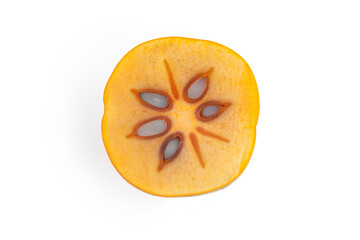 Persimmon Fruit, sliced in a Half. Isolated on White Background