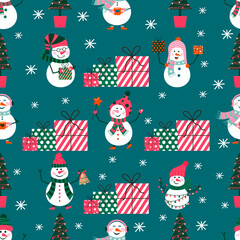 Merry Christmas cute seamlees pattern with snowman and snowflakes for happy new year presents. Scandinavian set for invitation, children room, nursery decor, interior design, textile