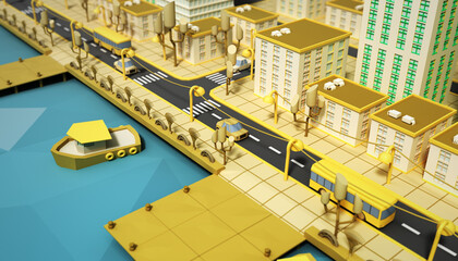 Colorise toy low poly city 3d render on blue