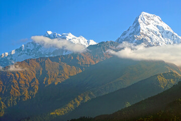 Nature Scene of Top of Mt. Machapuchare is a mountain in the Annapurna Himalayas of north central Nepal seen from Poon Hill, Nepal - trekking route to ABC - Adventure Backpacking outdoor 