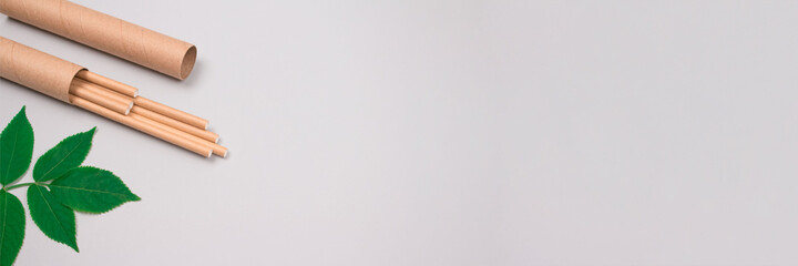 Banner - mockup image of brown paper straws packed in kraft paper tube or container with green leaves around it, on light grey background with copyspace. Sustainable lifestyle and zero waste concept.