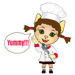 emoticon with gourmet pretty cat girl with pigtails dressed in chef uniform, that standing and holding a spoon in his hand, with great pleasure and showing Italian bellissimo gesture