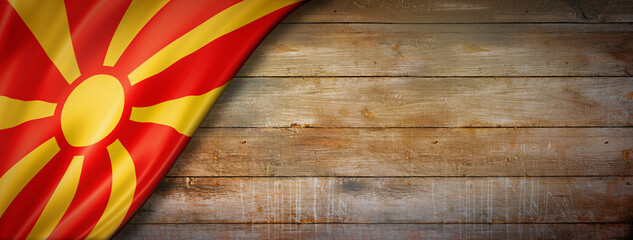 Macedonian flag on vintage wood wall banner