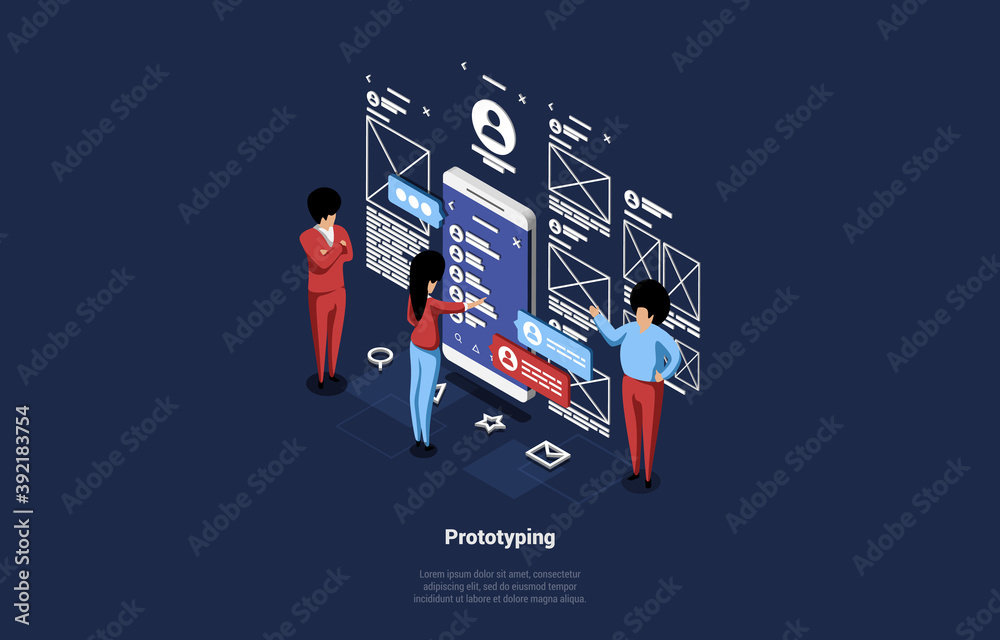 Poster 3d vector art of mobile application development, testing and prototyping process. isometric illustra