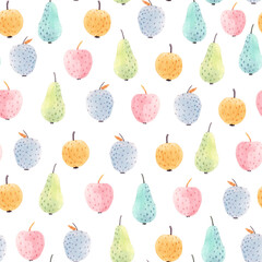 Beautiful seamless pattern with cute abstract watercolor apple and pear fruits. Stock illustration.