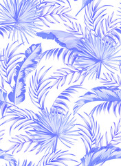 Fototapeta na wymiar Vector tropical pattern with hibiscus flowers and exotic palm leaves. Trendy summer background. Summer floral illustration.