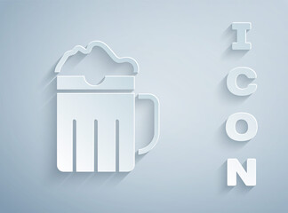 Paper cut Wooden beer mug icon isolated on grey background. Paper art style. Vector.