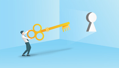 Business concept with businessman holding the key to unlock symbol. Flat vector illustration