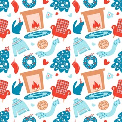 Hand drawn Christmas seamless pattern with Christmas tree, fireplace, floral wreath, chair, cat, sweater, scarp on white background. Vector flat illustration. Design for textile, wrapping, wallpaper