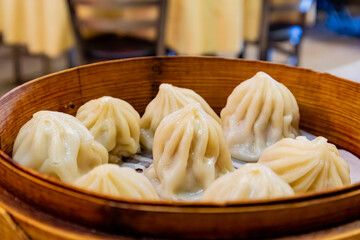Close up shot of Chinese style steamed pork dumpling