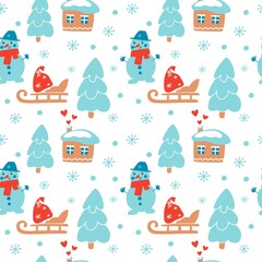 Fototapeta na wymiar Hand drawn Christmas seamless pattern with house, fir-tree forest, deer, sled, snowman, bag, snowflake on white background. Vector flat illustration. Design for textile, wrapping, wallpaper, packaging