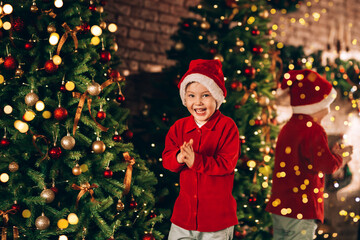 The boy has a santa hat on his head. In the background there is a large decorated Christmas tree and a large mirror. Christmas mood