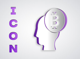 Paper cut Bitcoin think icon isolated on grey background. Cryptocurrency head. Blockchain technology, digital money market, cryptocoin wallet. Paper art style. Vector.