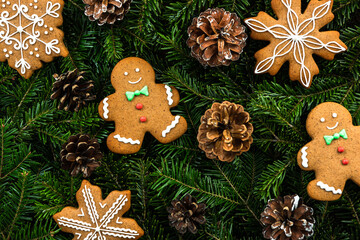 Christmas Cookies on Spruce Fir Tree. Festive Background