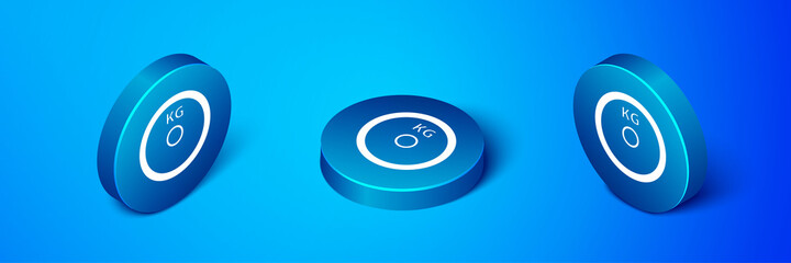 Isometric Weight plate icon isolated on blue background. Equipment for bodybuilding sport, workout exercise and fitness. Blue circle button. Vector.