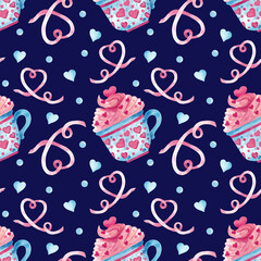 Contrast seamless pattern with cup, ribbon, confetti and hearts on Love theme.  Valentines day illustration. Hand drawn watercolor background for wrapping paper, design, fabrics, cards and etc.
