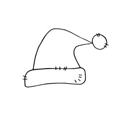 Vector black outline Santa Claus hat or sleeping cap in doodle style isolated on white background. Hand drawn Element of costume, clothes for winter, Christmas and New Year design