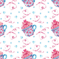Seamless pattern with cup, ribbon, confetti and hearts on Love theme.  Valentines day illustration. Hand drawn watercolor background for wrapping paper, design, fabrics, cards and other purposes.