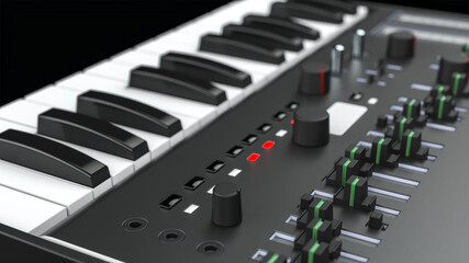 3D realistic illustration. Modern sound mixing console. Mini synthesizer. Keyboard and drum pad. Equipment for the music studio. Close-up. Portable mixing board.