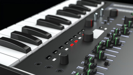 Fototapeta premium 3D realistic illustration. Modern sound mixing console. Mini synthesizer. Keyboard and drum pad. Equipment for the music studio. Close-up. Portable mixing board.