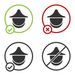 Black Beekeeper with protect hat icon isolated on white background. Special protective uniform. Circle button. Vector.