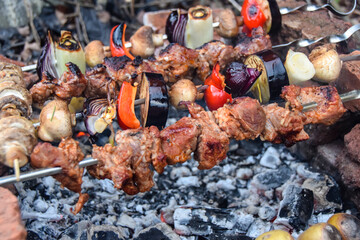 burnt pork meat grilled kebabs and vegetables