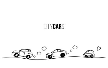 Doodle car sketch. Hand drawn line icon.Cartoon city auto transport co2 exhaust concept illustration. black continuous outline illustration. Abstract gas pollution view. Eco car fuel design on white.