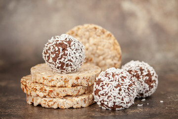 Sweet dietary balls of crispybread, berries, fruits and nuts. Healthy diet. Gluten free