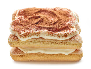 Tiramisu cake on white background