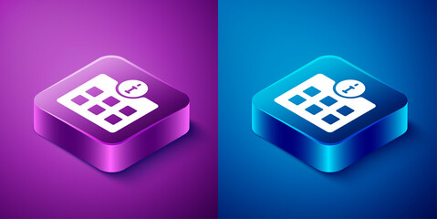 Isometric Information icon isolated on blue and purple background. Square button. Vector.
