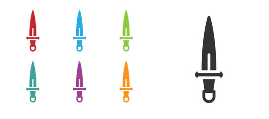 Black Dagger icon isolated on white background. Knife icon. Sword with sharp blade. Set icons colorful. Vector.