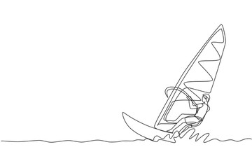 Fototapeta premium One single line drawing young sporty man play windsurfing in the sea beach graphic vector illustration. Healthy lifestyle and extreme sport concept. Summer vacation. Modern continuous line draw design