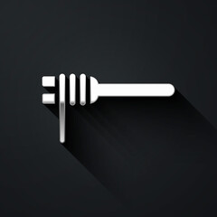 Silver Pasta spaghetti on the fork icon isolated on black background. Italian restaurant. Long shadow style. Vector.