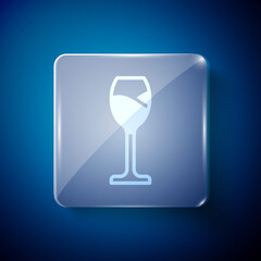 White Wine glass icon isolated on blue background. Wineglass icon. Goblet symbol. Glassware sign. Happy Easter. Square glass panels. Vector.