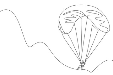 One single line drawing of young sporty man flying with paragliding parachute on the sky graphic vector illustration. Extreme sport concept. Modern continuous line draw design - obrazy, fototapety, plakaty