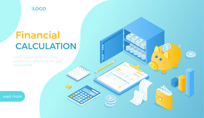 Financial calculation. Bookkeeping, audit, data analysis, reporting, tax accounting. Safe with money, piggy bank, documents, invoices. Isometric vector illustration for website.